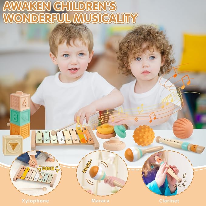 Baby Toys Montessori Toys 6 in 1 Musical Instruments for Toddler, Stacking Blocks Development Learning Educational Toy with Wooden Xylophone Infant Baby Birthday Gift