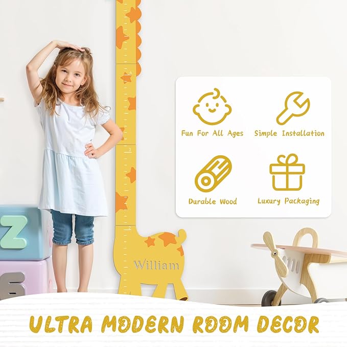 Woodemon Personalized Name Growth Chart for Kids, Giraffe Height Chart for Boy Girls, Measuring Board for Kids Height, Patchwork Wooden Height Chart Measuring Board, Nursery Growth Chart Ruler