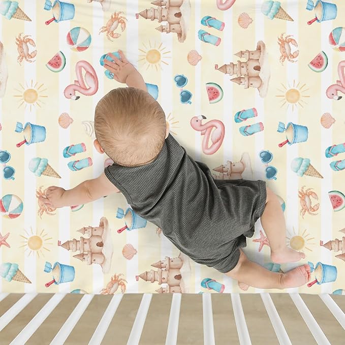 Summer Beach Seaside Baby Crib Sheets for Boy Girl 52x28Inch Ice Cream Sand Flamingo Sun Soft Snug Fitted Crib Mattress Cover Boho Travel Vacation Baby Sheet for Standard Crib & Toddler Bed Mattress