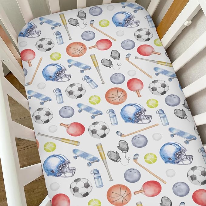 Watercolor Sport Baby Crib Sheets for Boys Soccer Basketball Baseball Golf Tennis Soft Snug Fitted Crib Mattress Covers for 52''x28'' Standard Crib & Toddler Mattress Boys Sports Lovers Gift Bed Sheet