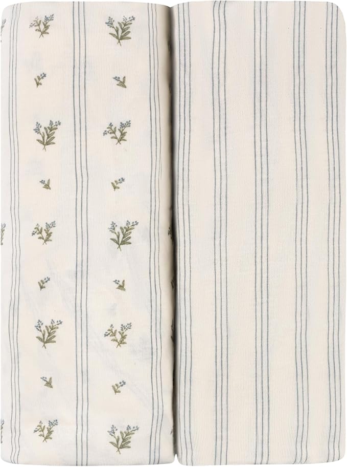 Ely's & Co. Bassinet Sheets, Baby Boy Fitted Bassinet Mattress Sheet Set - 2 Pack, 100% Jersey Knit Cotton, fits Oval, Hourglass and Rectangle Mattress, Blue Linear Berry Leaf, 32”x16”x3”