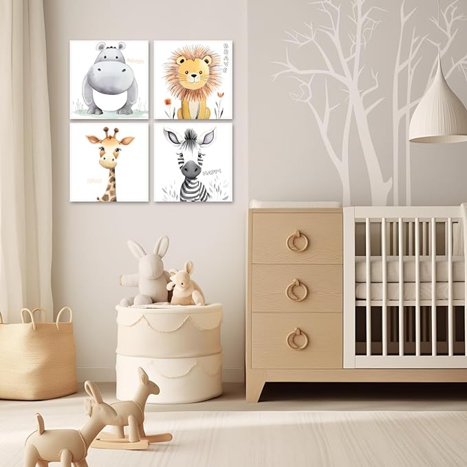LYUNSHUO Cartoon Animals Wall Art 4 Piece Kids's Room Nursery Decor Inspirational Picture Cute Hippo Lion Giraffe Zebra Artwork for Living Room Bedroom Home Decor(Art-2,12.00"x12.00"x4P)