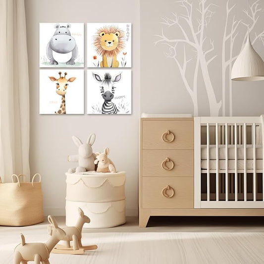 LYUNSHUO Cartoon Animals Wall Art 4 Piece Kids's Room Nursery Decor Inspirational Picture Cute Hippo Lion Giraffe Zebra Artwork for Living Room Bedroom Home Decor(Art-2,12.00"x12.00"x4P)