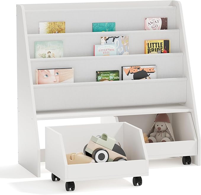 HedoAjim Kids Bookshelf with Two Movable Drawers Toddler Bookcase with Toy Storage Organizer Child Sling Book Rack Baby Cabinet Chest with Wheels for Nursery,Playroom,Bedroom,Living Room,Classroom