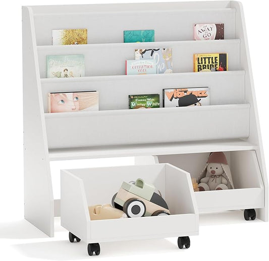 HedoAjim Kids Bookshelf with Two Movable Drawers Toddler Bookcase with Toy Storage Organizer Child Sling Book Rack Baby Cabinet Chest with Wheels for Nursery,Playroom,Bedroom,Living Room,Classroom
