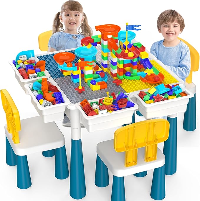 OCATO Toddlers Kids Table and Chair Set: Activity Table with 152Pcs Large Marble Run Building Blocks 4 Chairs Storage All in One Play Sensory Water Tables Sand Tables for Boys Girls 3 4 5 6 Year Old