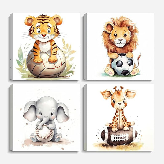 LYUNSHUO Nursery Wall Decor 4 Piece Cute Animal Canvas Print Wall Art for Boy's Girl's Room Decor Cartoon Artwork for Living Room Home Decor Gallery Wrapped(Art-1,8.00"x8.00"x4P)