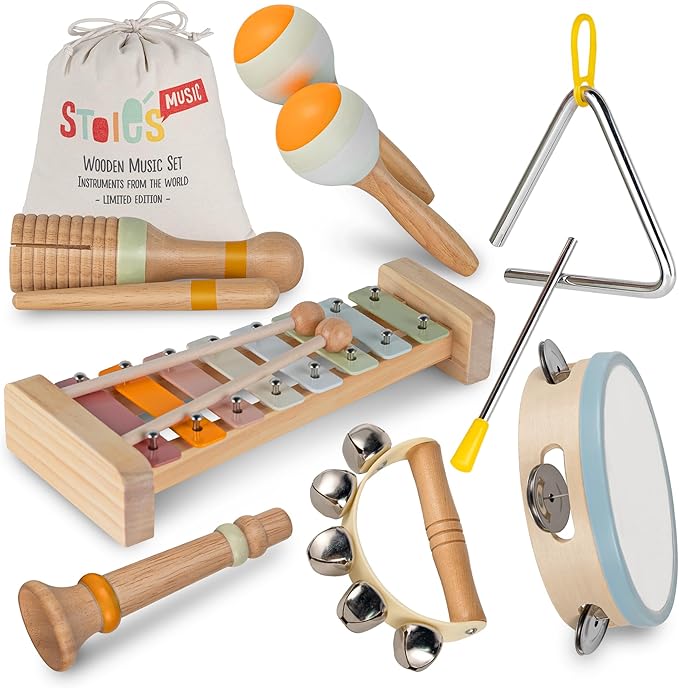 Stoie's Wooden Toddler Musical Instruments with Xylophone, Maracas, Triangle, Tamburine for Babies and Kids, Eco Friendly Montessori Educational Toy