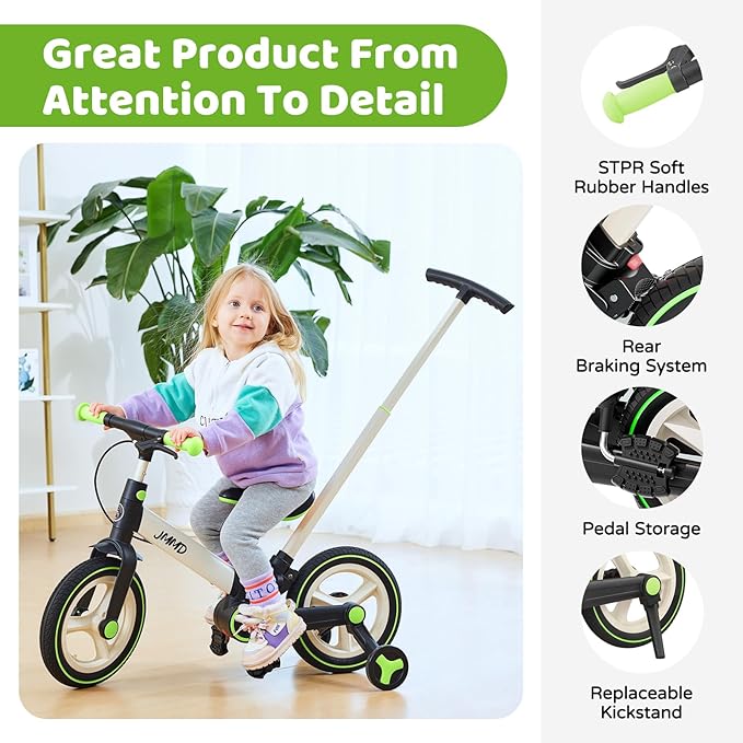JMMD 6 in 1 Toddler Bike with Push Handle for Kids 18-60 Months, 12" Foldable Balance Bike with Training Wheels, Pedals, Brakes, Kickstand, Push Tricycle Toddler Gift & Toys for Boy & Girl