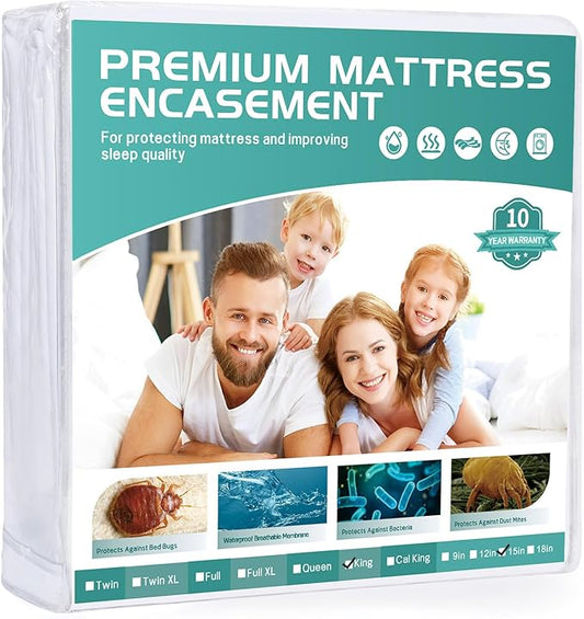 King Mattress Protector Cover【Sealed Zipper+Terry Cloth】 76"x 80" Fits [13/14/15/16 in] Deep, 6-Side Encases Waterproof Breathable Mattress Pad Cover
