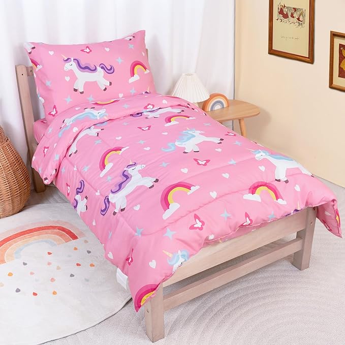 TinyPalsa Toddler Bedding Set, 4-Piece Pink Rainbow Pony Comforter Set for Girls and Boys, Breathable Crib Bedding Includes Ultra-Soft Quilt, Flat & Fitted Sheets, Pillowcase