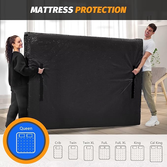 Mattress Bags for Moving, BETU Mattress Protector Waterproof Mattress Cover Twin XL Size Storage Bags with 8 Heavy-Duty Handles and Zipper for College Bed Extra Thick Large(82"x42"x15" Black)