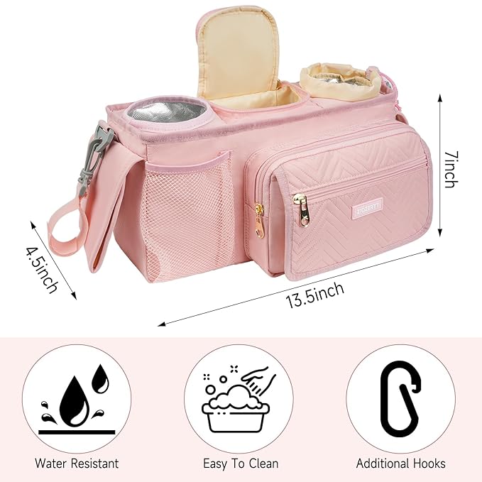 Universal Stroller Organizer with Insulated Cup Holder,Stroller Caddy Bag with Wet Wipes Pocket,Stroller Accessories Fits for Uppababy,Doona,Jogger,Britax,Mompush,BoB Strollers,Pink