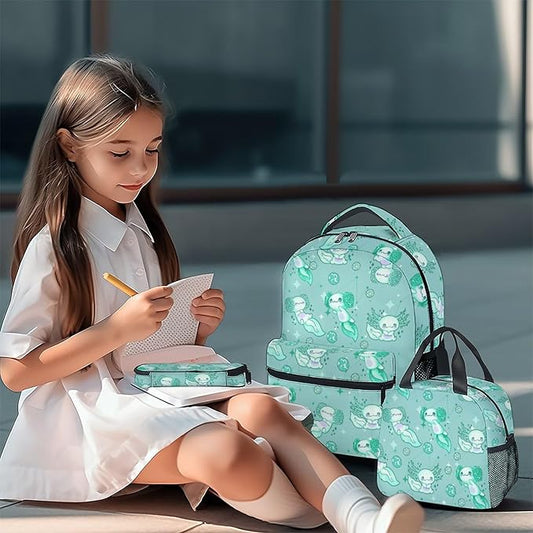 Mercuryelf Axolotl Girls Backpack with Lunch Box Set, 3 in 1 School Travel Backpacks Matching Combo, Cute Emerald Green Bookbag and Pencil Case Bundle