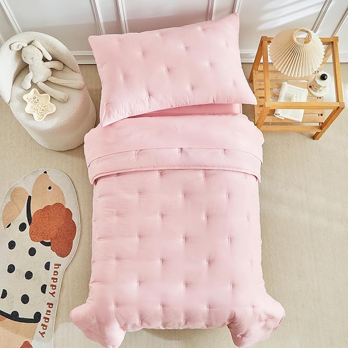 DuShow 4 Piece Toddler Bedding Set for Girls, Pink Embroidery Crib Bed Comforter Set, Includes Comforter, Fitted Sheet, Flat Sheet and Envelope Pillowcase, Soft Toddler Bed Sheet Set