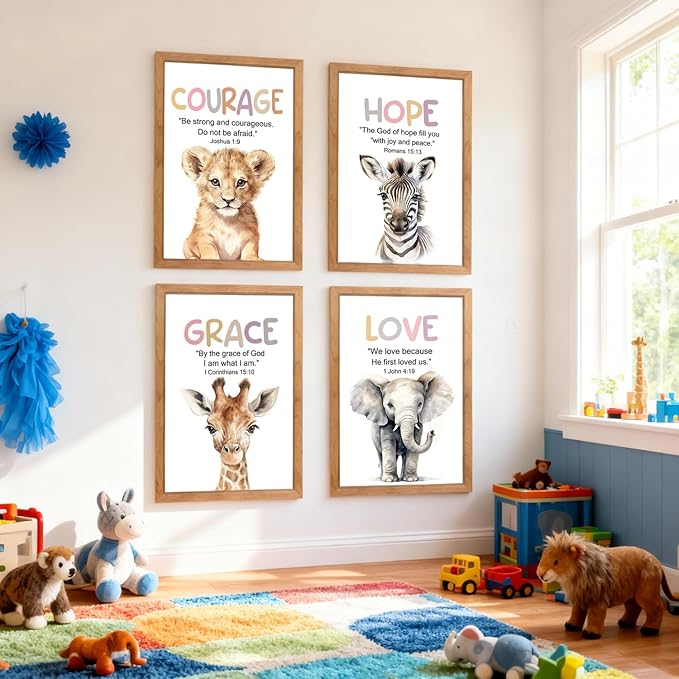 Cute Giraffe Elephant Tiger Zebra Quote Framed Wall Art Set of 4, 11x16 Boho Educational Grace Love Courage Hope Saying Sign for Baby Girl Kid Boy Toddlers, Wooden Inspirational Nursery Wall Decor