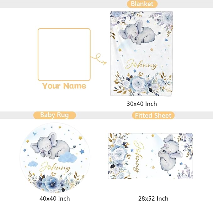 Custom Baby Bedding Set, 3 Pcs Personalized Name Crib Bedding Set for Nursery, Cute Baby Crib Set with Double Layer Blanket for Boys Girls, Customized Gifts for Toddlers Infants, Blue Elephant