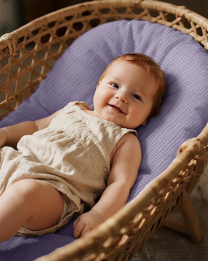 Muslin Bassinet Sheets Boy Girl, 100% Cotton Fitted Bassinet Sheet Set 2 Pack Bassinet Mattress Sheets Universal Fit for Rectangle, Round, Oval, Hourglass Mattress, Soft Breathable
