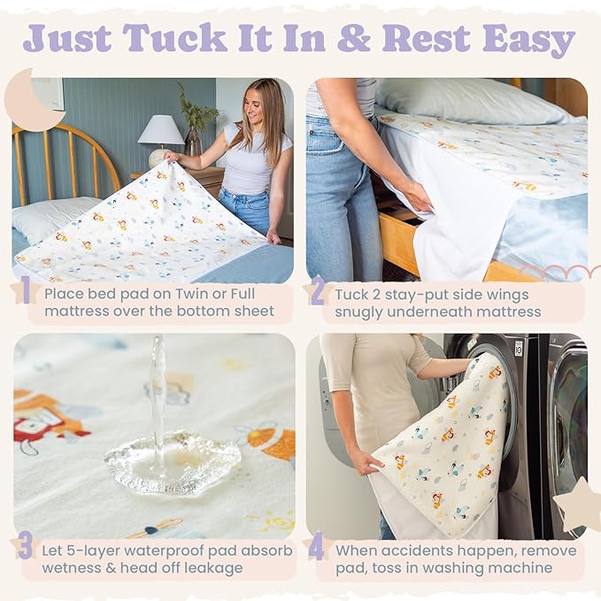 Tuckable Side Bed Wetting Pads Toddlers, Reusable Washable Waterproof Baby Potty Training Mattress Pee Pads Sheet Protector Kids, 5 Absorbent Layers, Exclusive No-Slip, 39"x 29" Fits Twin Space