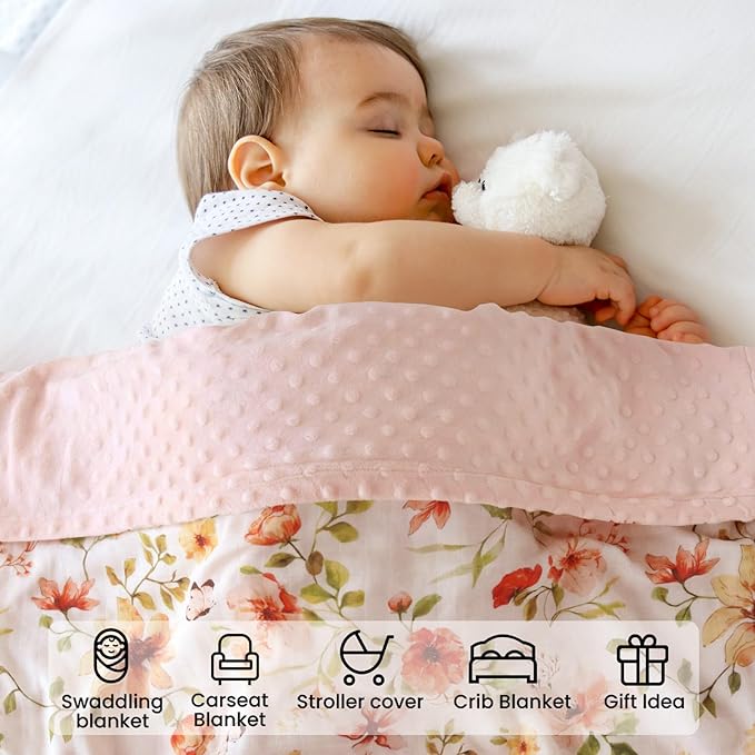 LifeTree Baby Blankets for Boys Girls, Soft Double Layer Swaddle Blankets, Muslin Front and Dotted Fleece Backing Receiving Bed Throw Blanket for Newborn Unisex, 31X40 Inches, Butterfly and Floral