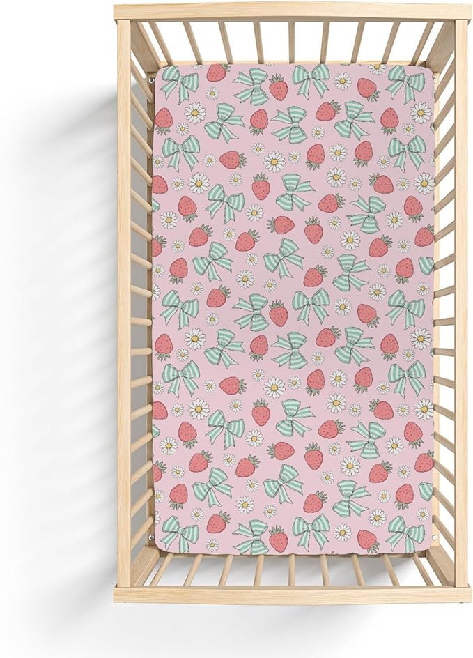 Pink Strawberry Green Bows Daisy Baby Crib Sheets for Boy Girl 52x28Inch Strawberries Bows Soft Stretchy Fitted Crib Mattress Covers Cute Summer Fruit Baby Sheet for Standard Crib & Toddler Mattress