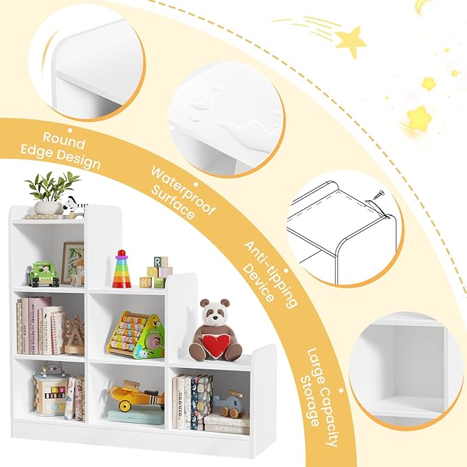 Derfullo Book Shelf, 6-Cube Toy Organizers and Storage, Small Open Floor Montessori Bookcase for Kids Room, Bedroom and Playroom, 35.4" W x 11.8" D x 31.5" H, White