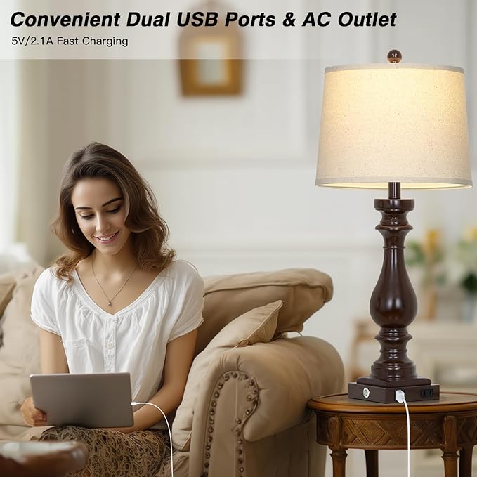 Cinkeda 29" Tall Farmhouse Table Lamp for Living Room Set of 2,Vintage Retro Nightstand Lamps with USB C+A Ports & AC Outlet,3-Way Dimmable Touch Bedside Lamp for Bedroom Side Table,Dark Brown