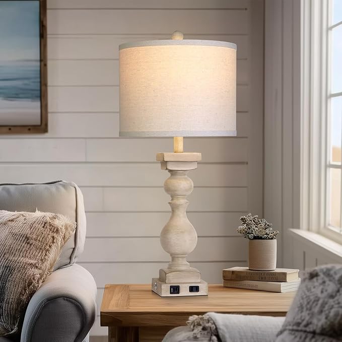 MOUVOVO 28" Tall Farmhouse Table Lamps Set of 2 with USB C+A Ports and AC Outlet, 3 Way Touch Tall Rustic Bedside Lamps for Living Room, Beige Vintage Lamps for Bedroom