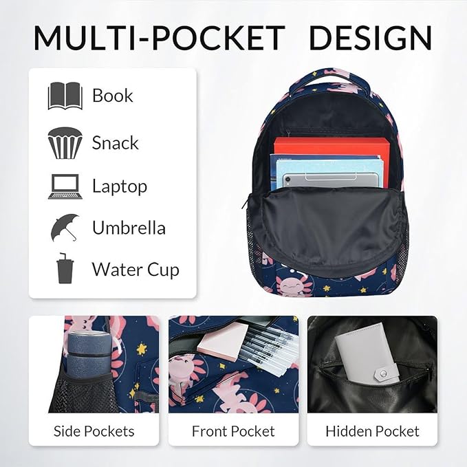 COZYAURA Custom Kids Backpack for Girls - Large Capacity School Bags with Lunch Bag Pencil Pouch Set - Cute Axolotl Bookbag for Elementary Middle School & Travel - Kid School Supplies