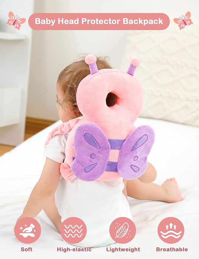 JunNeng Baby Head Protector Backpack, Toddler Walking Fall Head Protection, Pink Butterfly