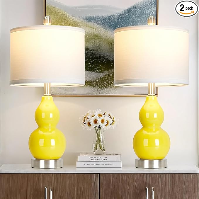 luxeflow Double Gourd Ceramic Table Lamps Set of 2, Yellow Modern Bedside Lamps for Living Room, Contemporary Nightstand Desk Lamps for Bedroom End Table Home Office Decor(2 LED Bulbs Included)