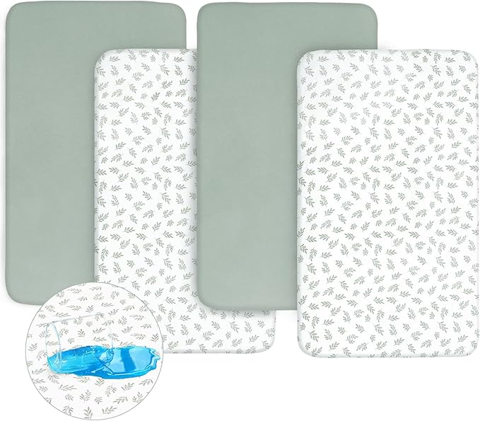 Biloban 4-Pack Crib Sheets Waterproof for Boys Girls, Fitted Crib Sheet for Standard Crib and Toddler Mattress Protector, Super Soft Microfiber Baby Sheet 52x28x8in(Green+Leaf)