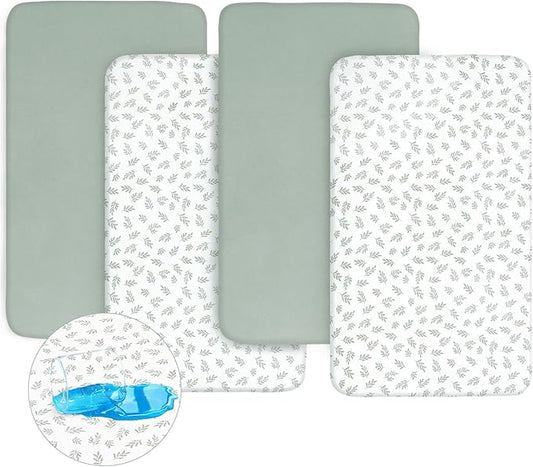 Biloban 4-Pack Crib Sheets Waterproof for Boys Girls, Fitted Crib Sheet for Standard Crib and Toddler Mattress Protector, Super Soft Microfiber Baby Sheet 52x28x8in(Green+Leaf)