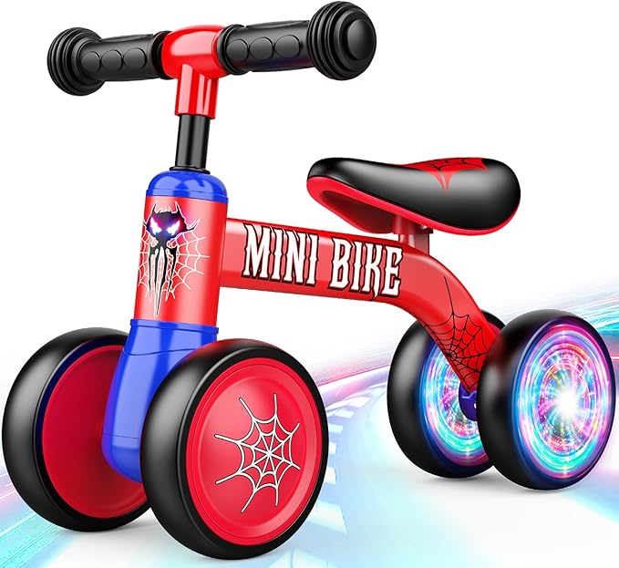 Baby Balance Bike 1 2 Year Old: Spider Baby Bike for 10-24 Month with Light & 4 Wheels Babies Boy Gifts Toddler First Riding on Toys First Christmas Birthday Gift for 1+ Year Old Boy & Girl