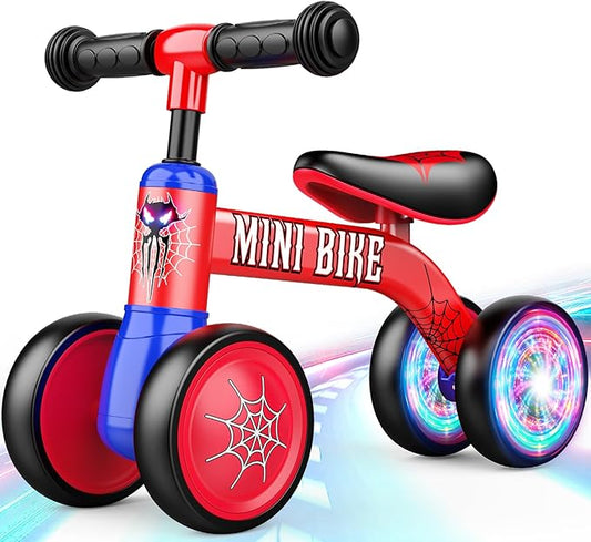 Baby Balance Bike 1 2 Year Old: Spider Baby Bike for 10-24 Month with Light & 4 Wheels Babies Boy Gifts Toddler First Riding on Toys First Christmas Birthday Gift for 1+ Year Old Boy & Girl