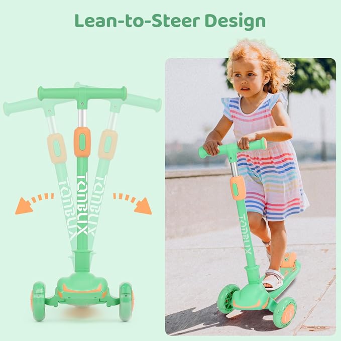 TONBUX Kids Scooter, Light Up 3 Wheel Kick Scooters for Kids 3-12, Folding Scooters with Adjustable Height - Toddler Scooter Lean-to-Steer & Widen Anti-Slip Deck