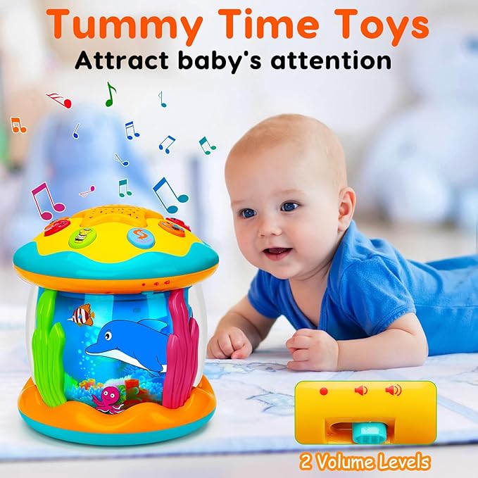 Tsomtto Baby Musical Light Up Tummy Time Toy Ocean Rotating Projector Infant 18 Month Baby Aquarium Learning Crawling Birthday Newborn for 1 2 3 Year Old Boy Girl