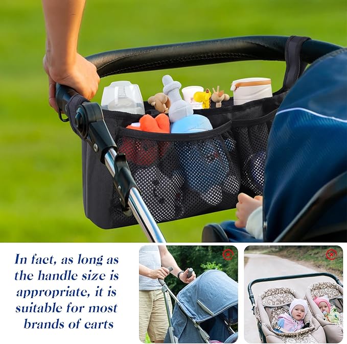 Stroller Organizer with Insulated Cup Holder,Universal Toddler Stroller Organizer Bag Caddy,Zippered Pockets for Phone,Adjustable Straps,Stroller Accessories,for Men,Women,(Balck)