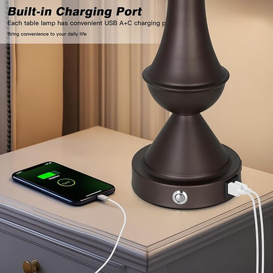 luxeflow 29" BrownTall Table Lamps for Living Room, Touch Control Bedroom Lamp with USB A+C Ports, 3-Way Dimmable Bedside Table Lamps Set of 2, Modern Metal Lamp for Nightstand