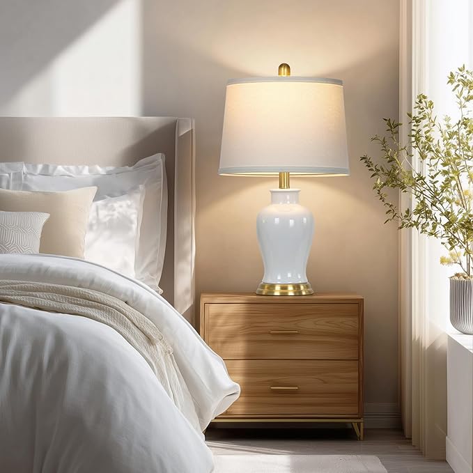 LUXEFLOW White Ceramic Table Lamps Set of 2, 23" Modern Ceramic Bedside Lamps with Ginger Jar Design, Farmhouse Lamp for Living Room End Table, Elegant Bedroom Lamp for Nightstand Desk Side Home Decor