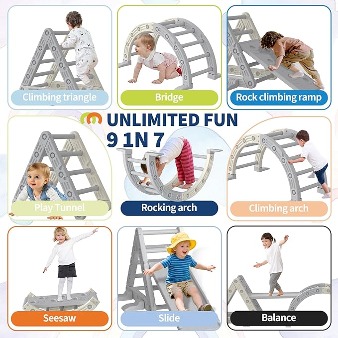 9-in-1 Pikler Triangle Set, HDPE PP Plastic Durable 1-8 Toddler Climbing Toys Indoor with Arch, Ramp, Ladder & Slide, Indoor Montessori Toddler Playground Jungle Gym Playset for Toddlers, White