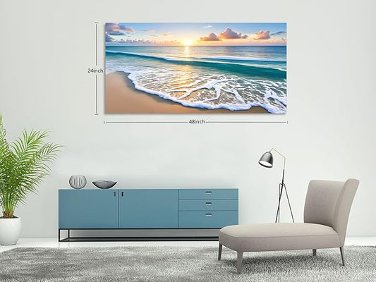 KUNHAAH Wall Art Canvas Painting Sunset Waves on The Beach 1 Piece Colorful Sky and Sparkling Clouds on The Sea Surface Picture Poster Print Framed and Stretched Ready to Hang for Living Room Bedroom