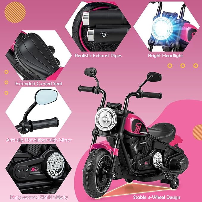 HONEY JOY Ride On Motorcycle, 6V Toddler Motorcycle with LED Light, Music, Foot Pedal, Forward/Backward, Soft Start, 3-Wheel Battery Powered Electric Motorcycle for Kids, Gift for Boys Girls (Pink)