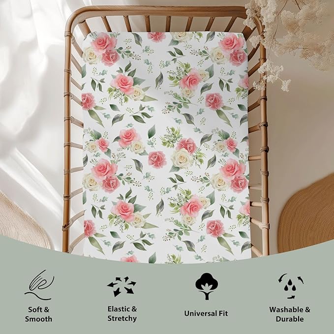 Bloom Rose Green Leaves Baby Crib Sheets for Boy Girl 52"x28" Boho Floral Soft Stretchy Fitted Crib Mattress Cover Spring Summer Flowers Nursery Baby Sheet for Standard Crib & Toddler Bed Mattress
