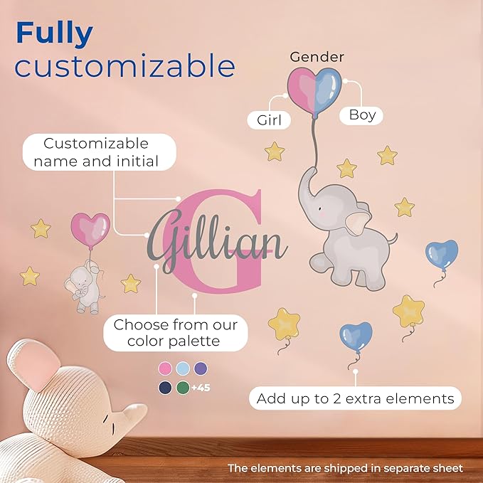 EGD Elephant Wall Decor Stickers for Baby Girl or Boy I Custom Name & Initial for Nursery Wall Decor I Elephant Nursery Decor | Elephants Baby Shower Decorations I Name Decals for Walls