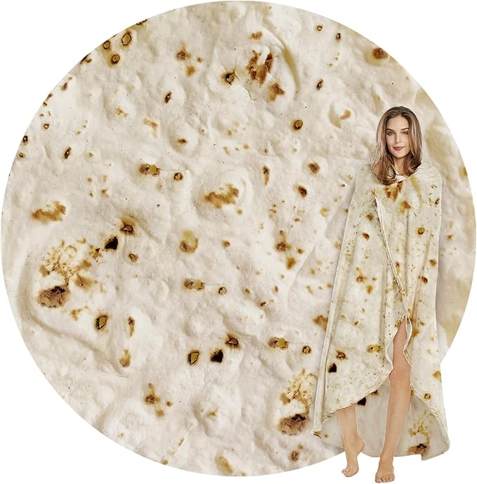 SeaRoomy Burritos Tortilla Throw Blanket, Tortilla Wrap Blanket, Novelty Tortillas Round Blankets Giant Tortillas Round Soft Blankets for Adults and Kids (Beige, 90 inches)