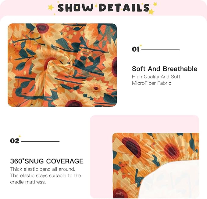 Orange Sunflowers and Poppy Flowers Crib Sheets Standard Crib Toddler Mattresses Cover Fitted Baby Bed Sheet Breathable Crib Mattress Sheet for Girls Boys 39''x27''x9''