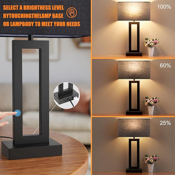 Modern 22" Tall Bedside Lamps - Touch Control, USB C+A, 3 Way Dimmable, Set of 2 (Black)
