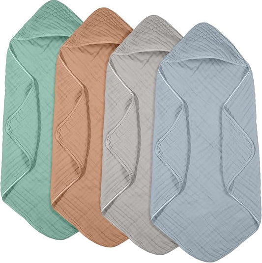Peryiter 4 Pcs Muslin Hooded Baby Towels, 32x 32'' Cotton Newborn Bath Towel Muslin Infant Baby Blankets Absorbent Unisex Christmas Registry Gift Essentials for Girls Boys (Green,Gray,Rust,Blue)