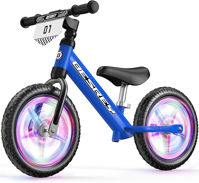 besrey Toddler Balance Bike 2 Year Old: All-Metal Frame & 12" Self-Lighting Wheels, Kids Bike with Adjustable Seat, Custom Plate w/Bonus 4 Sets of Stickers, Gift Bike for Boys Girls 2 3 4 5 Years Old
